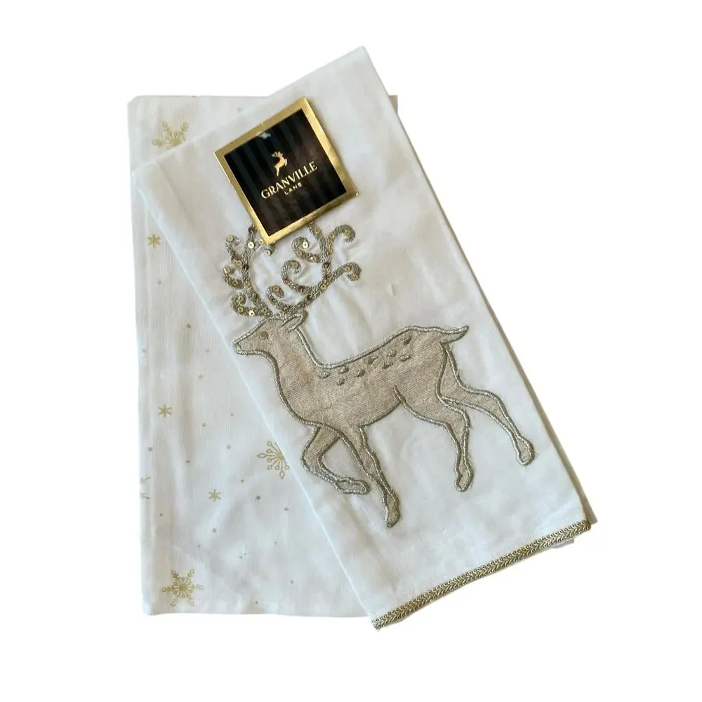 Granville Lane Embroidered Reindeer Cotton Kitchen Towels 20x28 White Gold 2pc